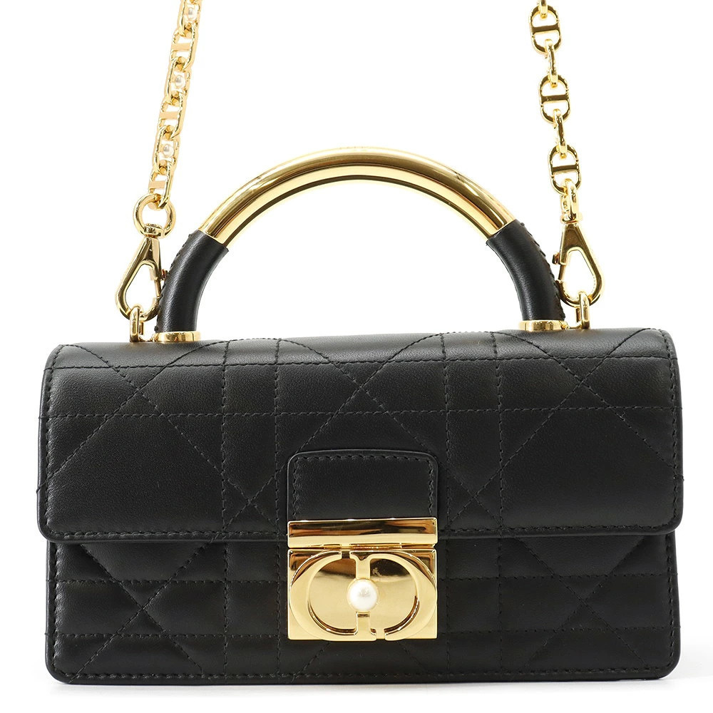 Christian Dior Handbag Macro Cannage Ange Calf Leather Bag Black